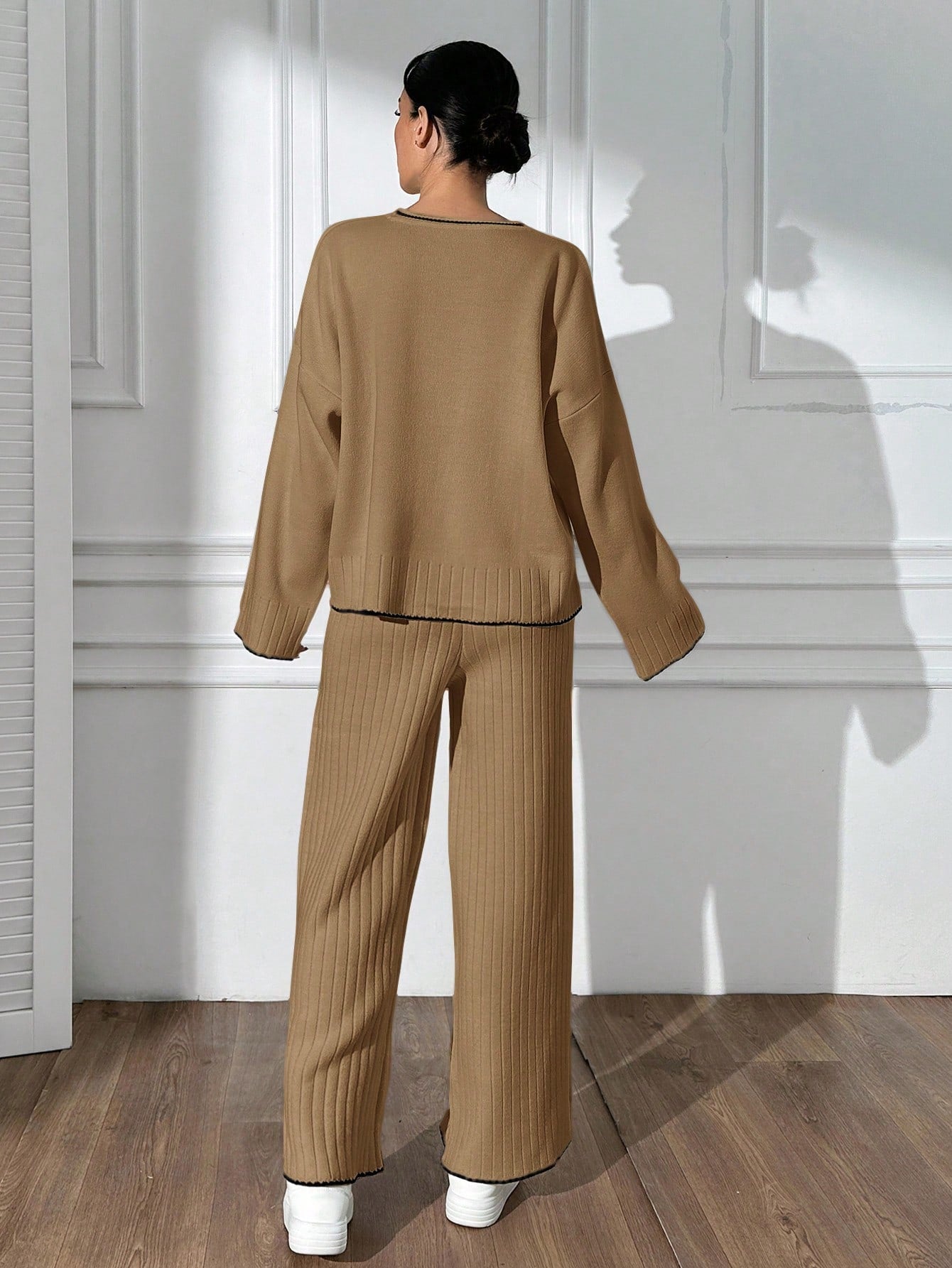 Contrast-Edge Ribbed Knit Lounge Set – Warm Camel