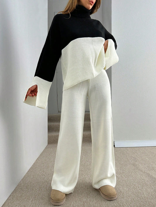 Colorblock Turtleneck Knit Lounge Set – Black & Ivory