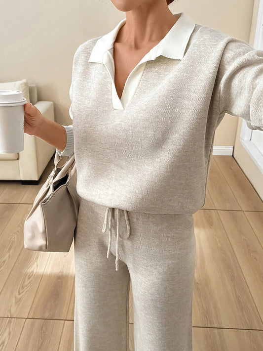 Collared Knit Lounge Set – Soft Oatmeal
