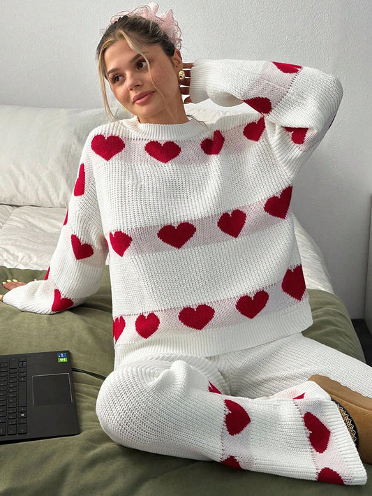 Heart Stripe Knit Lounge Set – Cream & Red