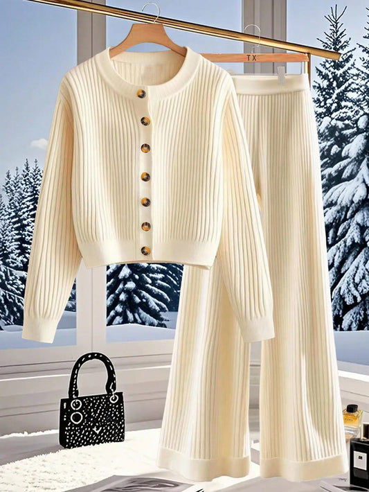 Ribbed Button-Front Knit Lounge Set – Ivory