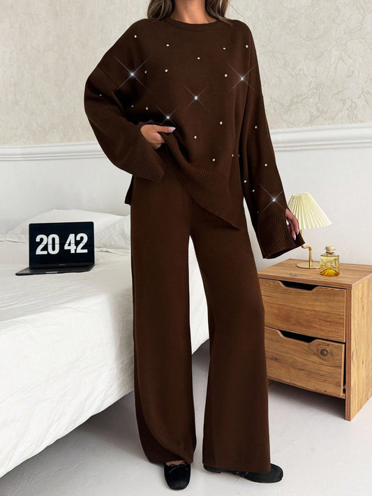 Embellished Knit Lounge Set – Chocolate Brown