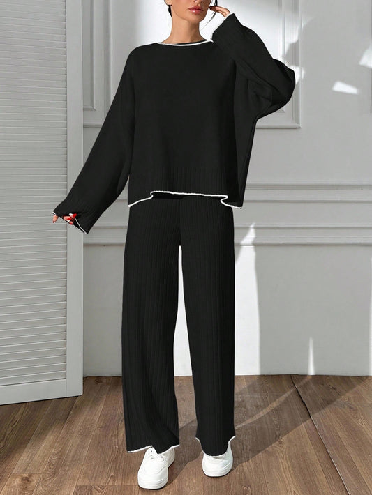 Contrast-Edge Ribbed Knit Lounge Set – Classic Black