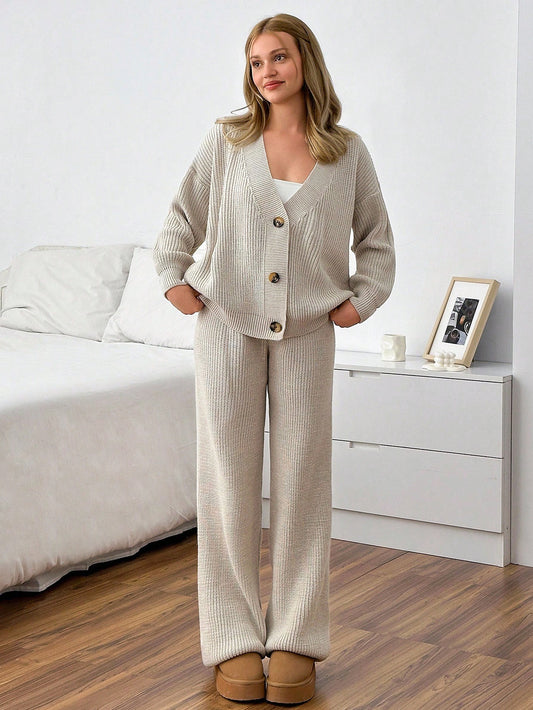 Button-Front Knit Cardigan & Wide-Leg Lounge Set – Oatmeal Beige
