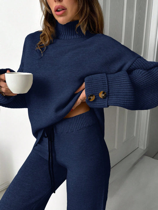 Ribbed Turtleneck Knit Lounge Set – Midnight Navy