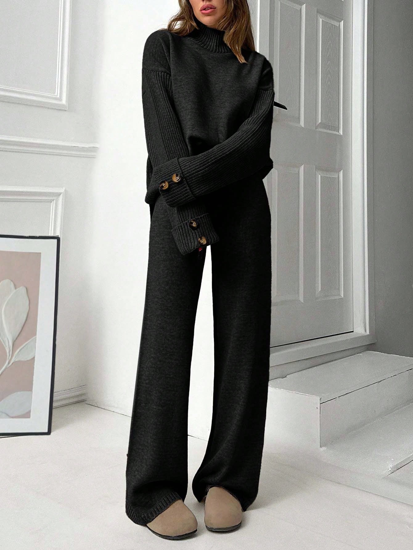 Button-Cuff Turtleneck Knit Lounge Set – Charcoal Black