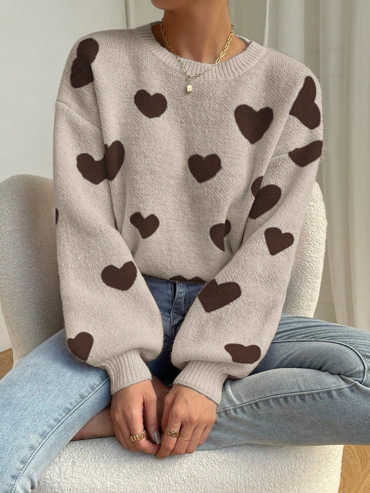 Heart Motif Knit Sweater – Beige & Brown