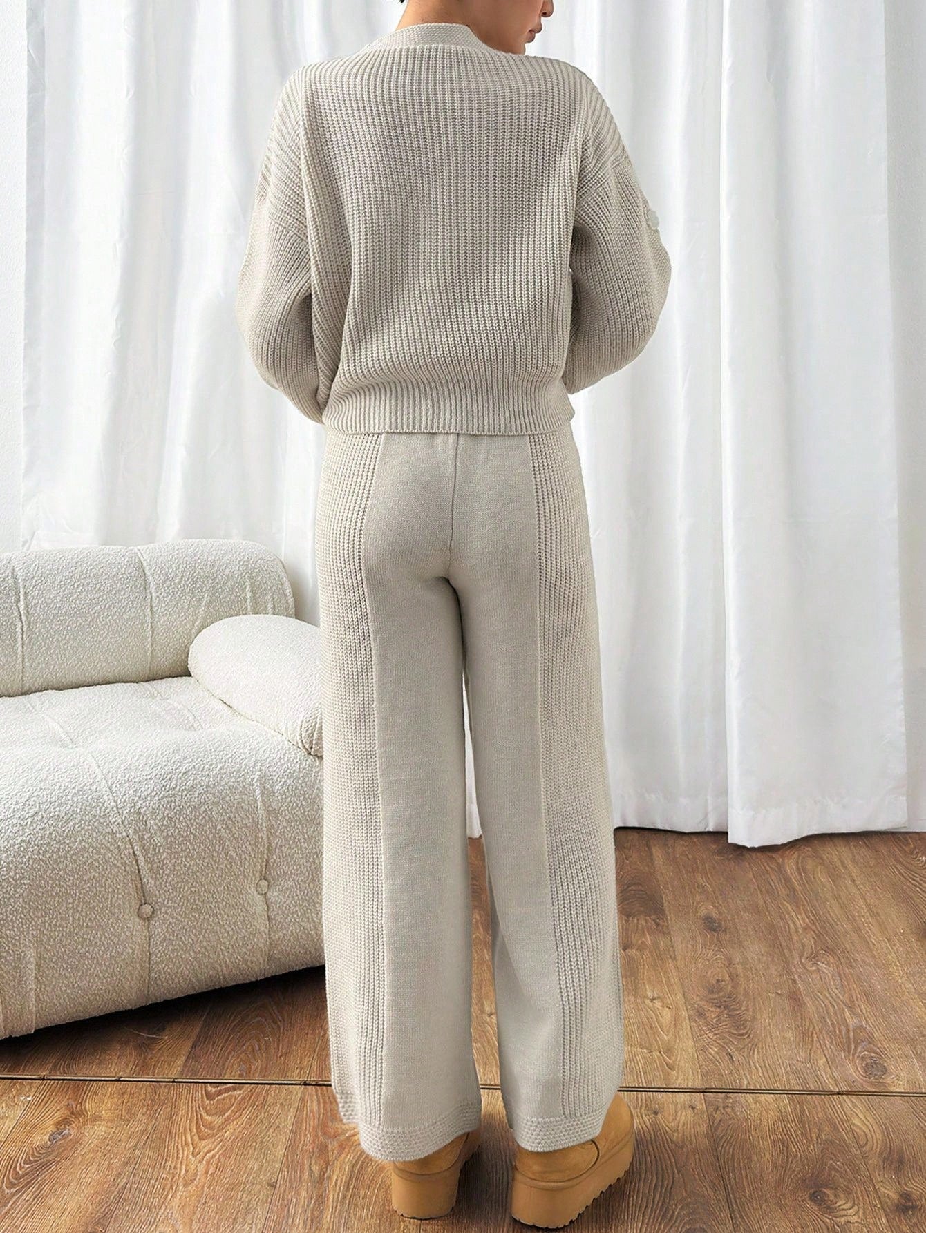 Textured Knit Cardigan Lounge Set – Soft Oatmeal