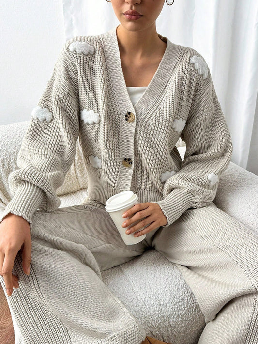 Textured Knit Cardigan Lounge Set – Soft Oatmeal