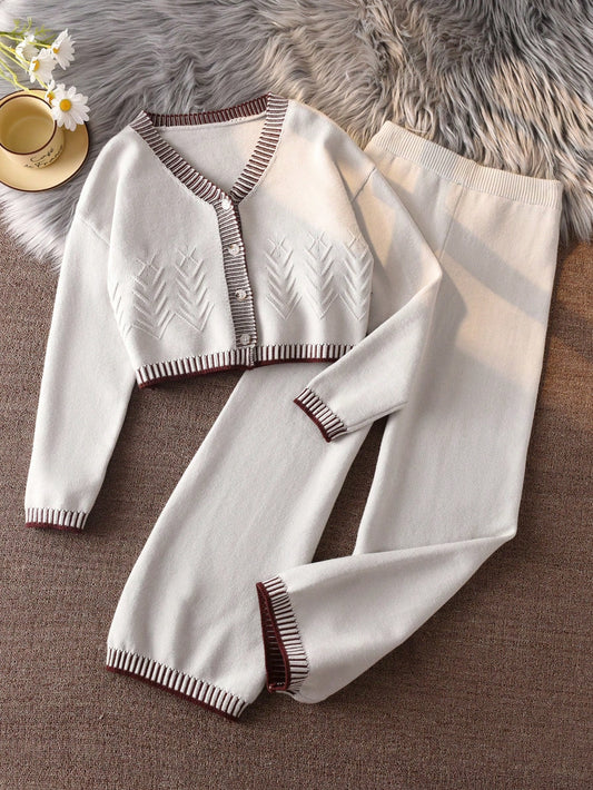 Contrast-Trim Knit Cardigan Lounge Set – Cream