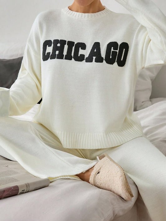 Chicago Graphic Knit Lounge Set – Ivory