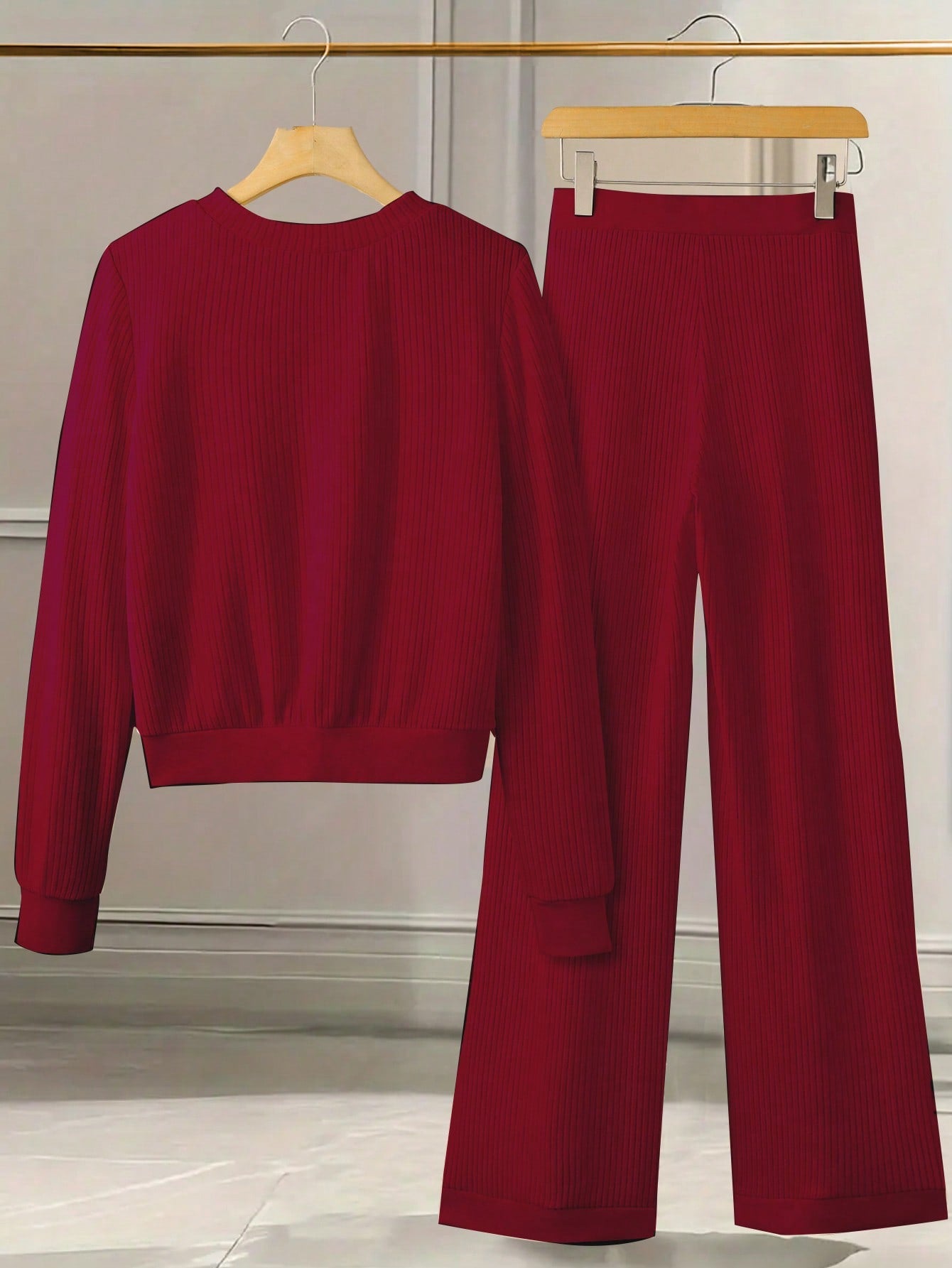 Ribbed Button-Front Knit Lounge Set – Deep Red