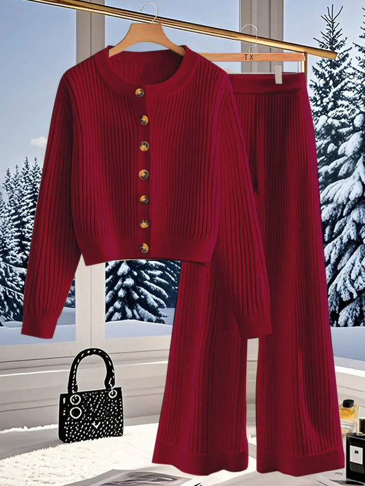 Ribbed Button-Front Knit Lounge Set – Deep Red