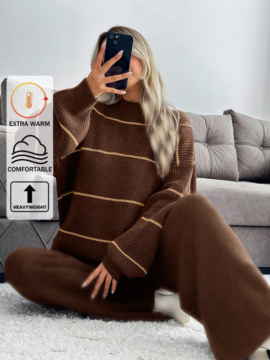 Striped Knit Lounge Set – Chocolate Brown