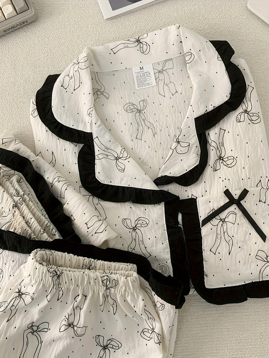 Elegant Bow Print Pajama Set ā 3-in-1 (Shirt, Shorts & Pants)