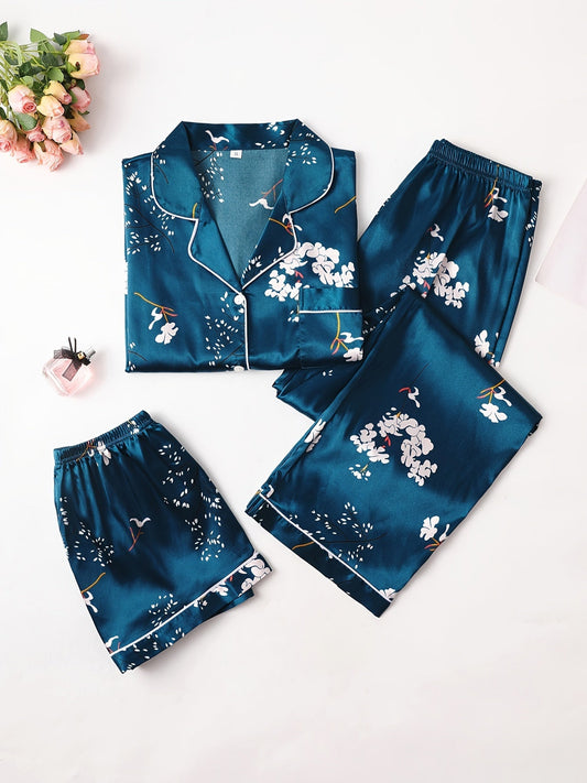 Midnight Blossom Pajama Set (3 Pcs Combo)