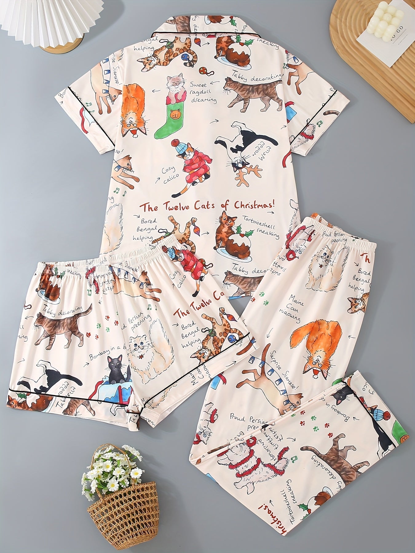 Festive Cat Doodle Satin Nightwear Set (3-Piece Combo)