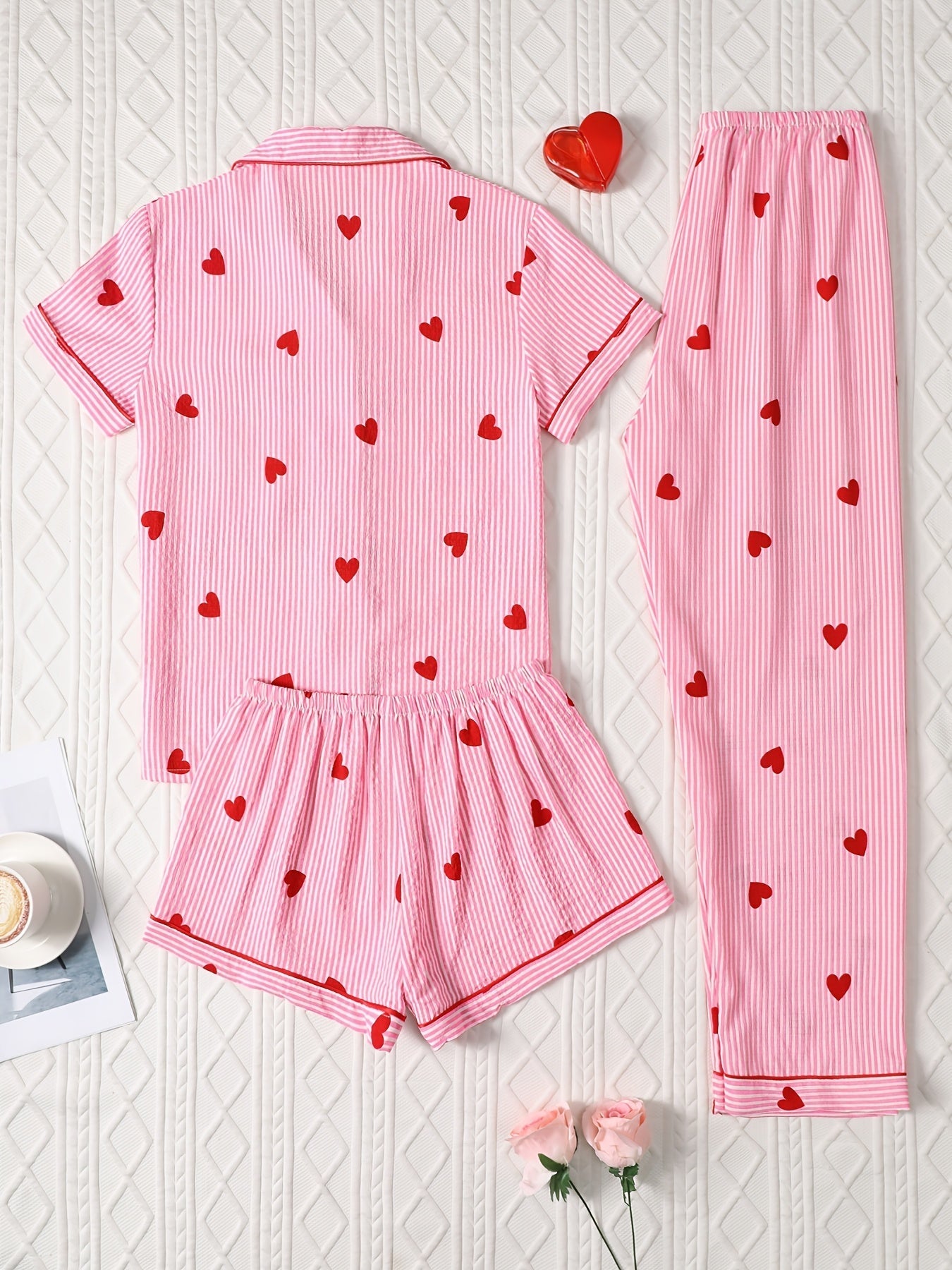 Candy Stripe Hearts Nightwear Set (3-Piece Combo)