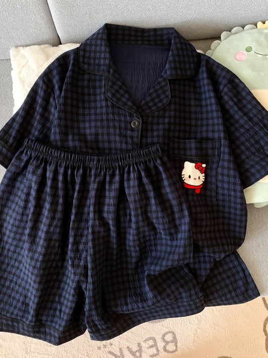 Navy Check Pajama Set with Hello Kitty Pocket – Shirt & Shorts