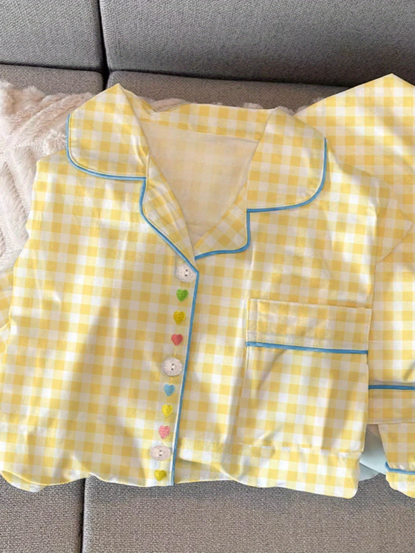 Yellow Gingham Pajama Set with Heart Buttons – Shirt & Pants