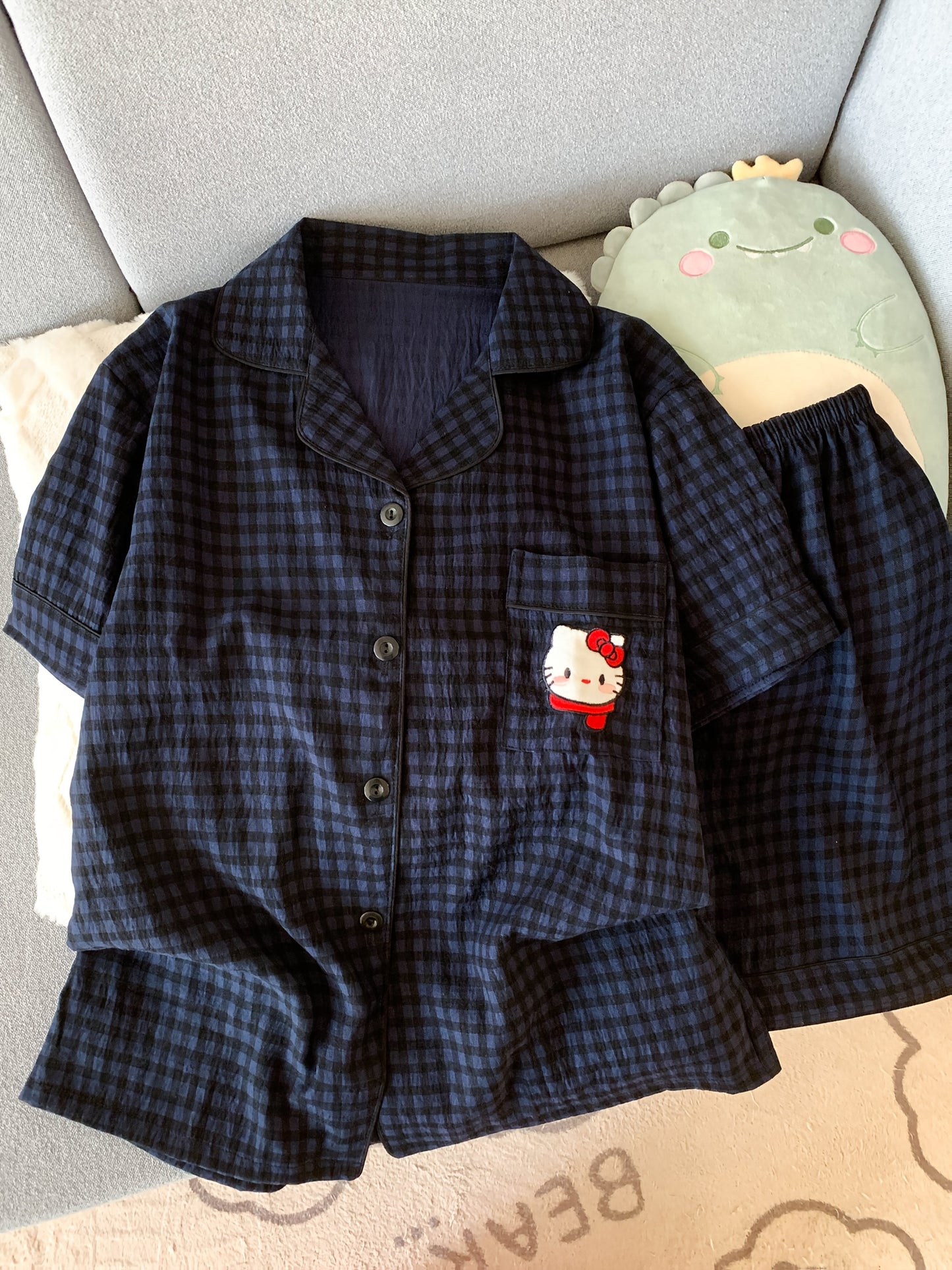 Navy Check Pajama Set with Hello Kitty Pocket – Shirt & Shorts
