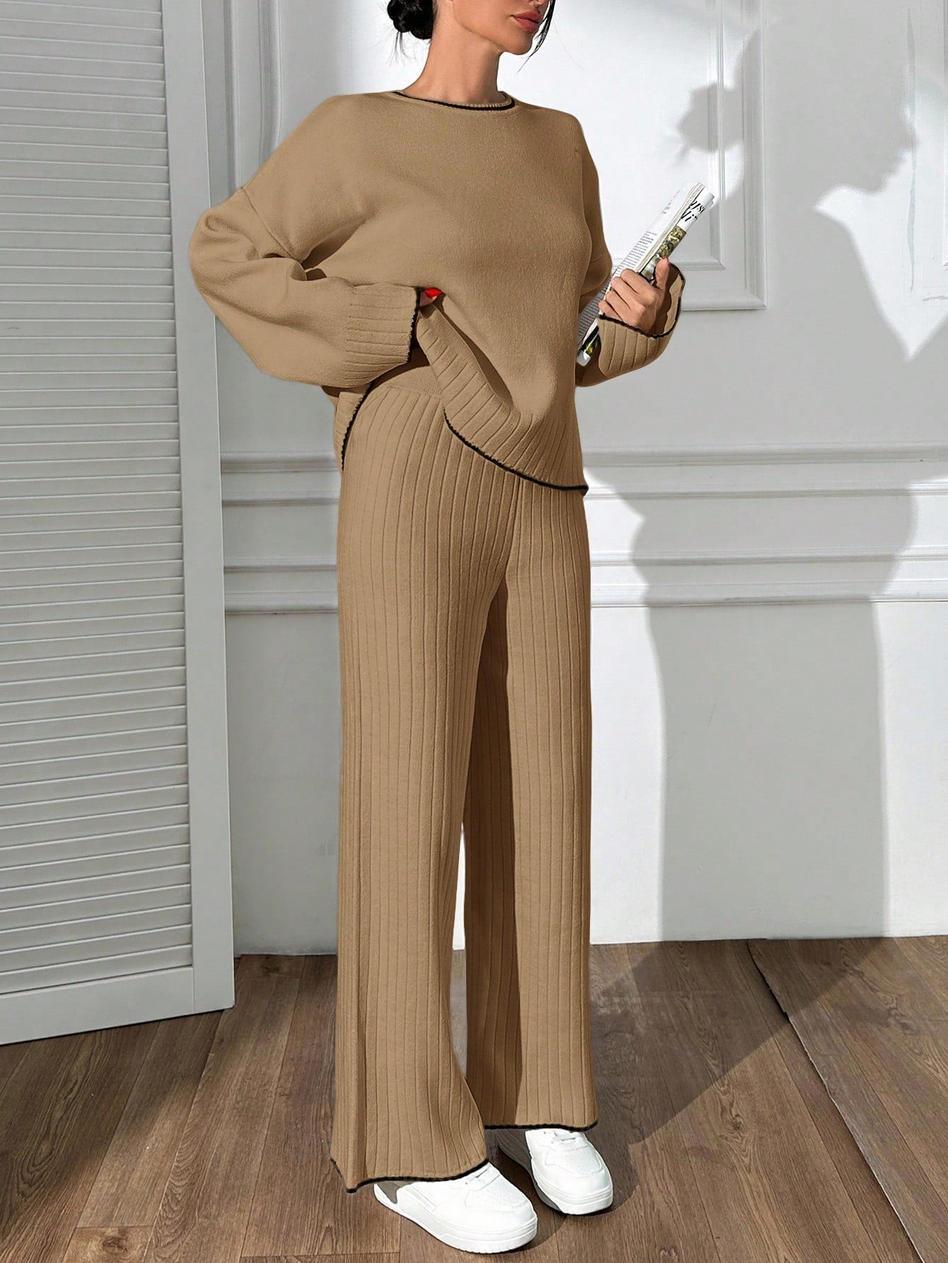 Contrast-Edge Ribbed Knit Lounge Set – Warm Camel