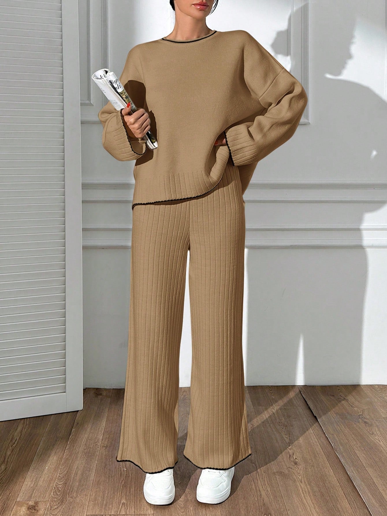 Contrast-Edge Ribbed Knit Lounge Set – Warm Camel