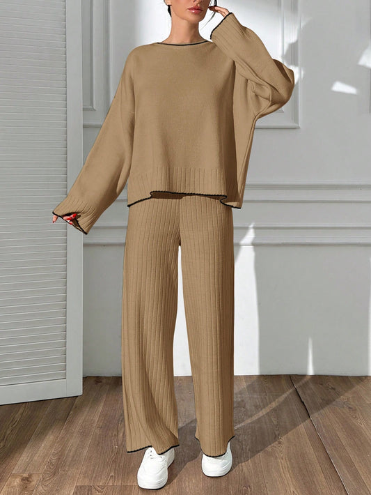 Contrast-Edge Ribbed Knit Lounge Set – Warm Camel