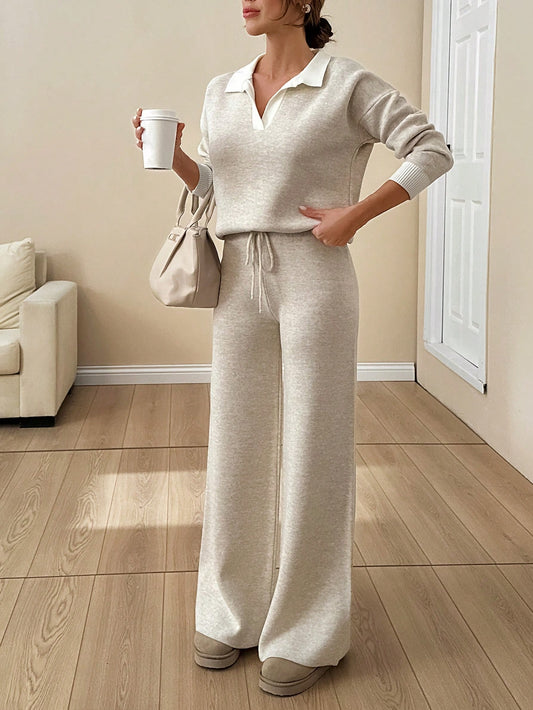 Collared Knit Lounge Set – Soft Oatmeal