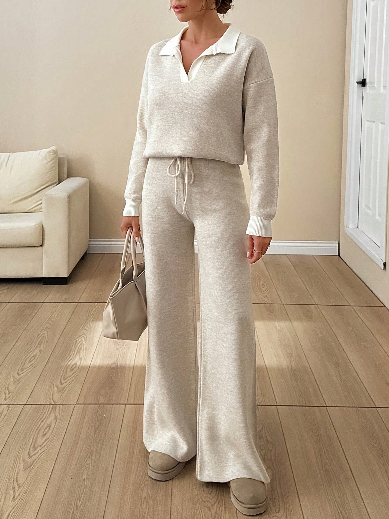 Collared Knit Lounge Set – Soft Oatmeal