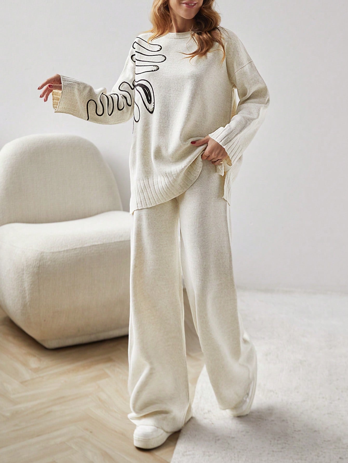 Abstract Line Knit Lounge Set – Oatmeal