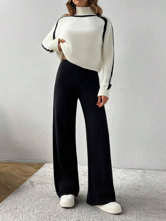 Contrast Stripe Turtleneck Knit Lounge Set – Ivory & Black