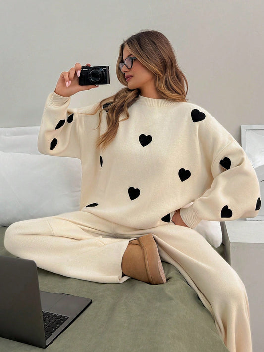 Scattered Heart Knit Lounge Set – Cream & Black