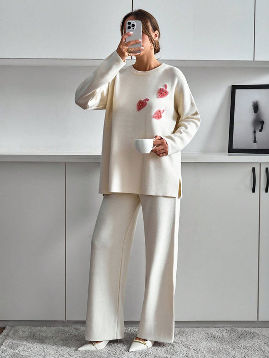 Embroidered Heart Knit Lounge Set – Ivory