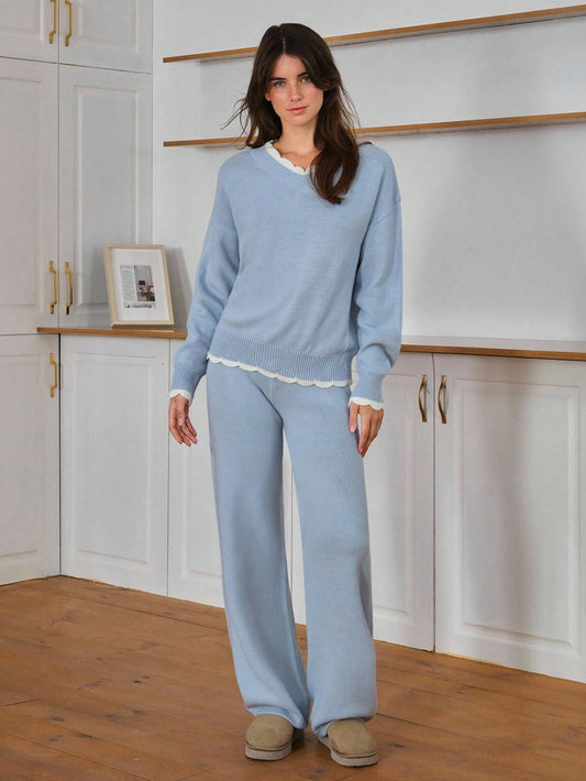 Soft Knit V-Neck Lounge Set – Sky Blue