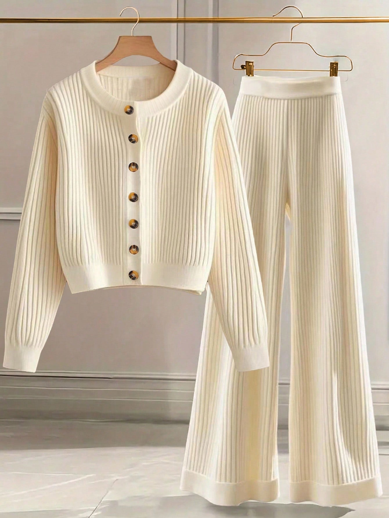 Ribbed Button-Front Knit Lounge Set – Ivory