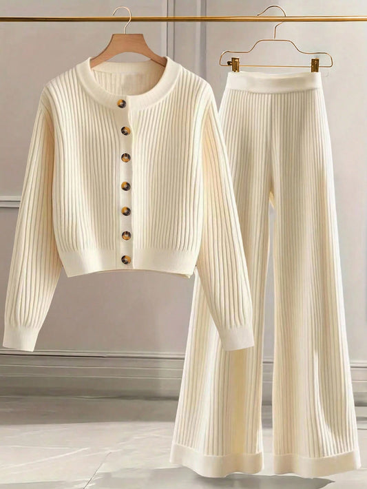 Ribbed Button-Front Knit Lounge Set – Ivory