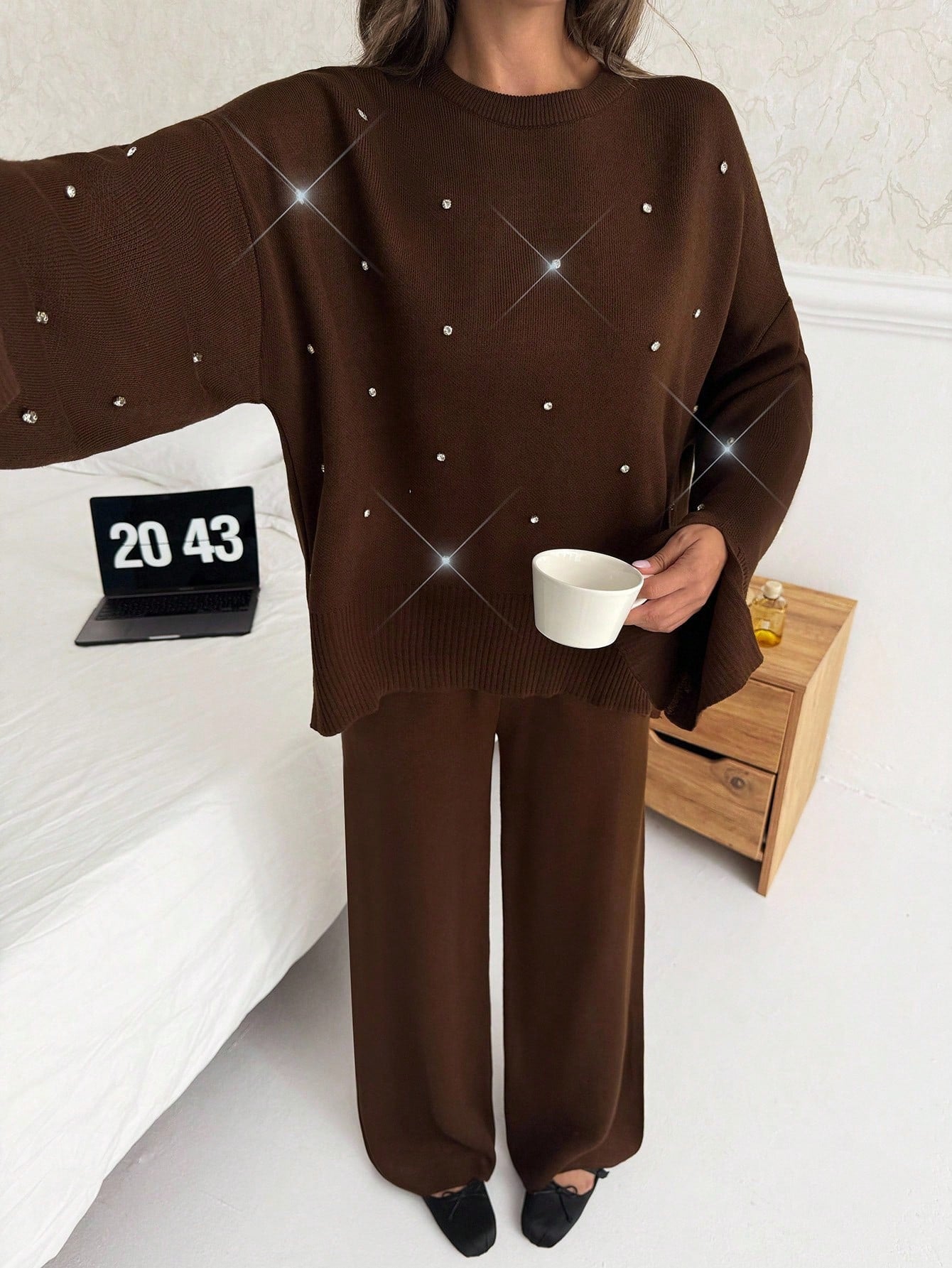 Embellished Knit Lounge Set – Chocolate Brown