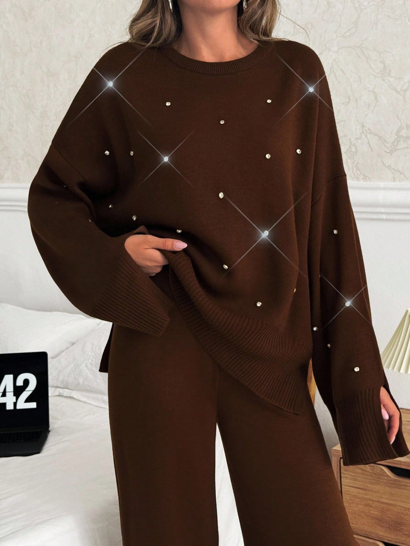 Embellished Knit Lounge Set – Chocolate Brown