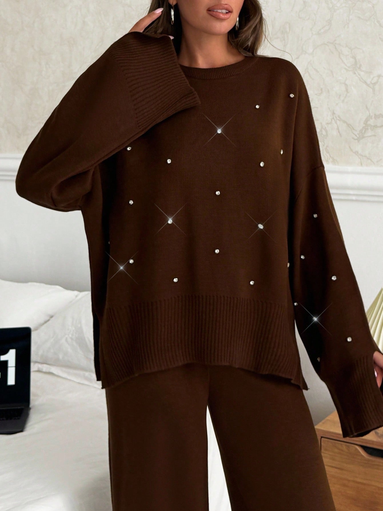 Embellished Knit Lounge Set – Chocolate Brown
