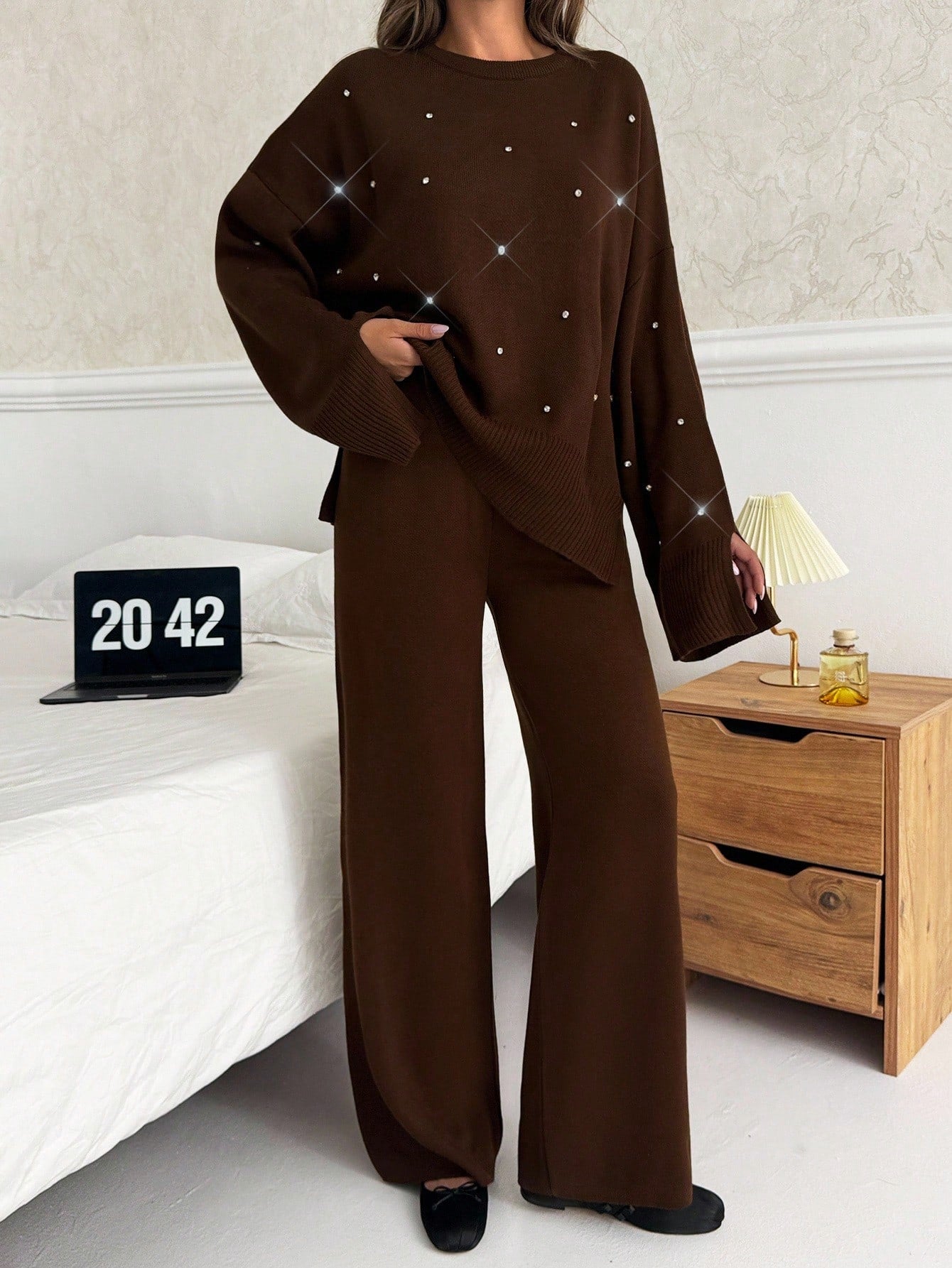 Embellished Knit Lounge Set – Chocolate Brown