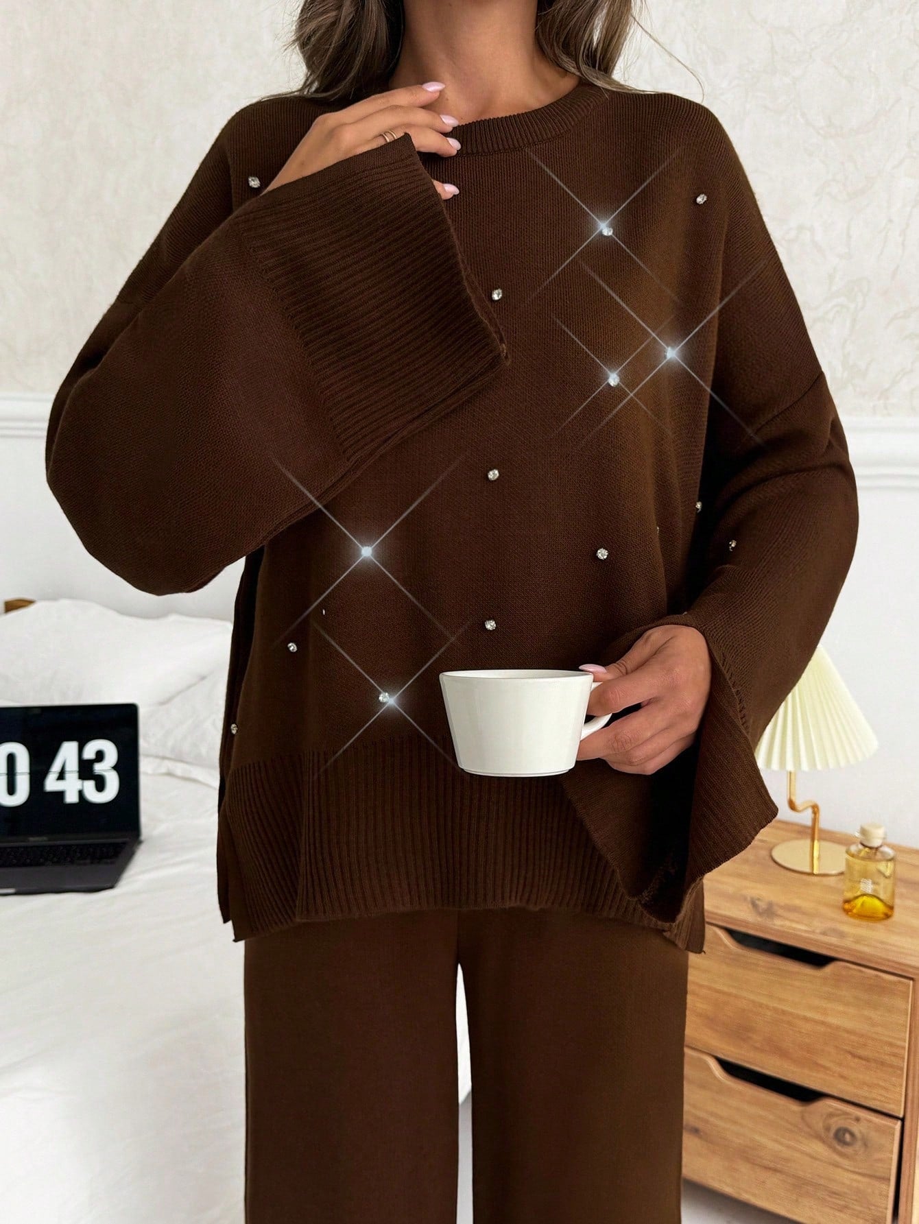 Embellished Knit Lounge Set – Chocolate Brown