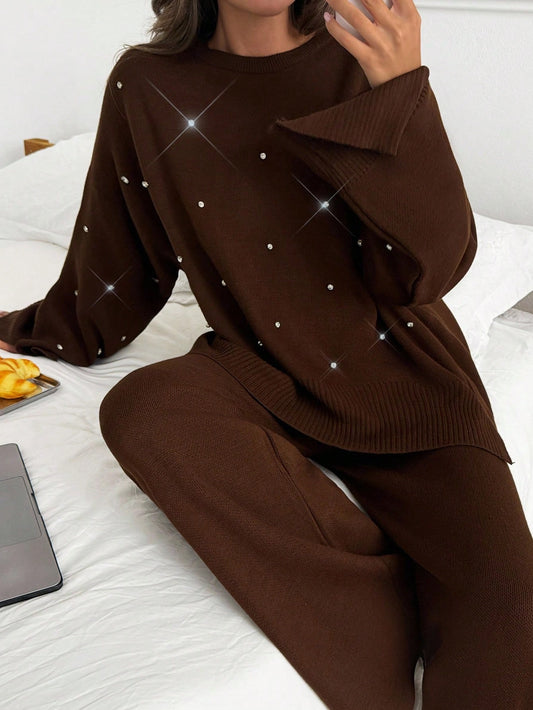 Embellished Knit Lounge Set – Chocolate Brown