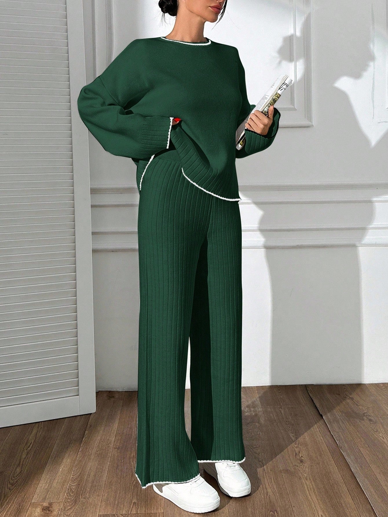 Contrast-Trim Ribbed Knit Lounge Set – Forest Green