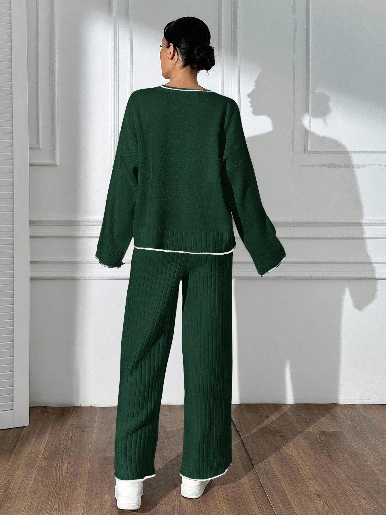 Contrast-Trim Ribbed Knit Lounge Set – Forest Green