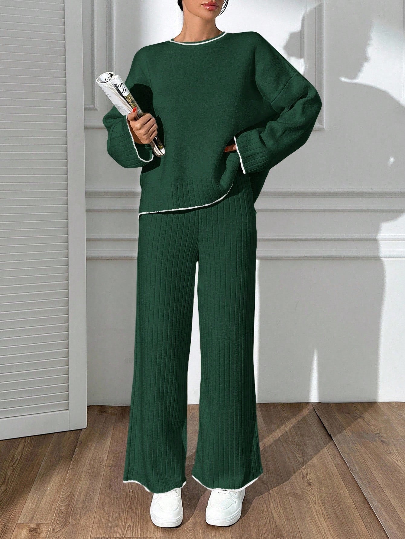 Contrast-Trim Ribbed Knit Lounge Set – Forest Green