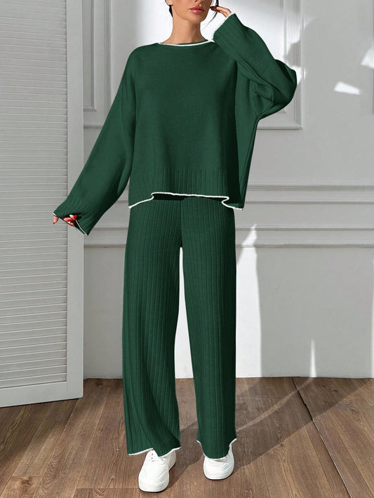 Contrast-Trim Ribbed Knit Lounge Set – Forest Green