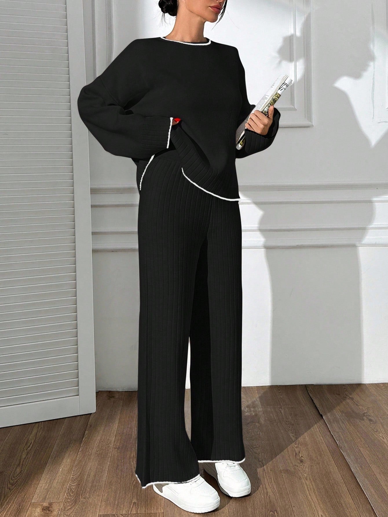 Contrast-Edge Ribbed Knit Lounge Set – Classic Black