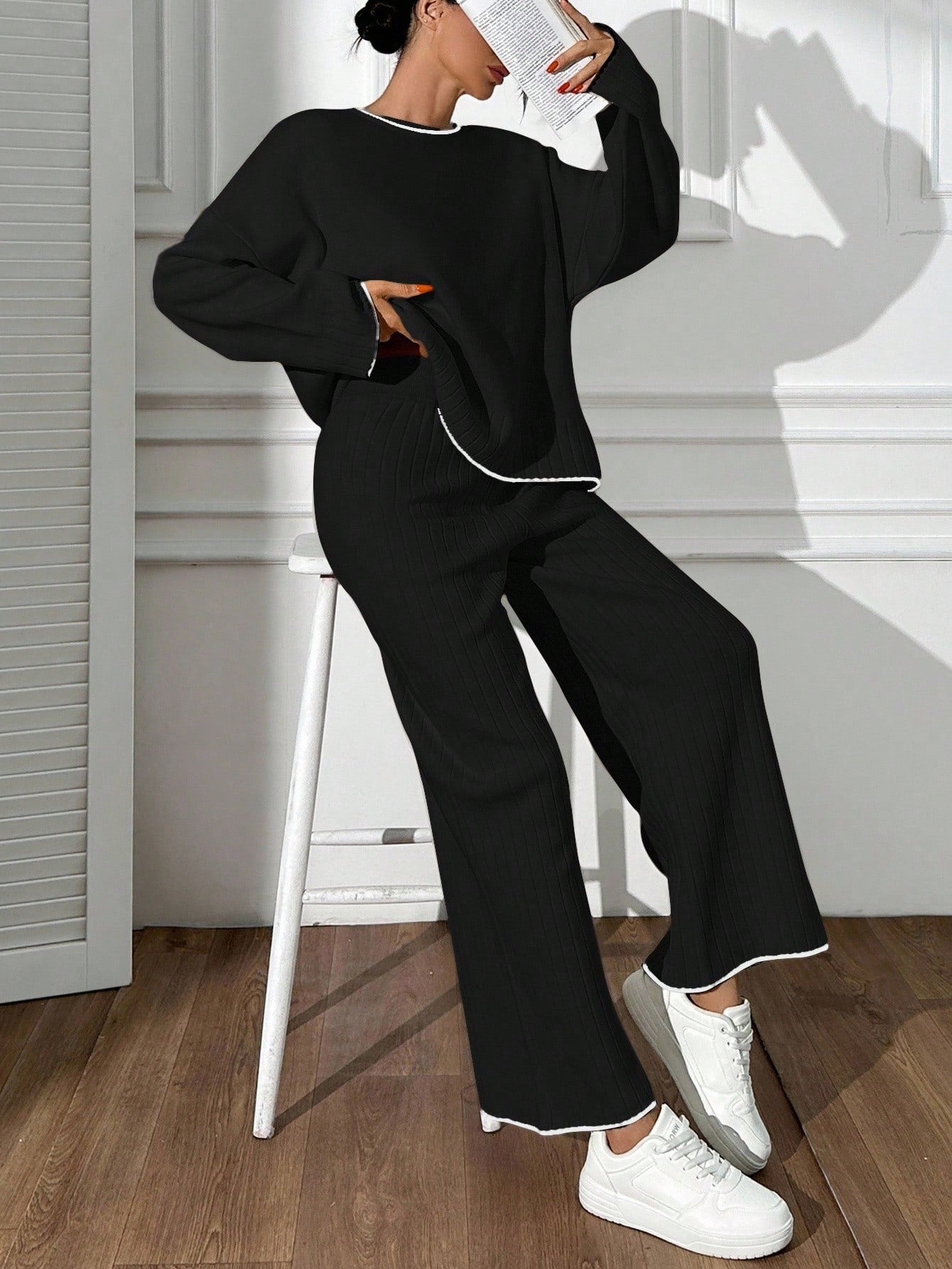 Contrast-Edge Ribbed Knit Lounge Set – Classic Black