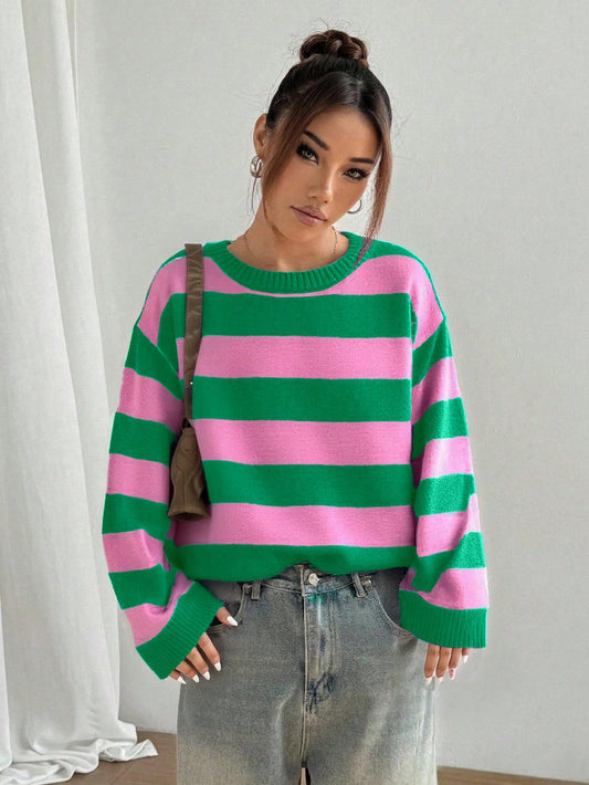 Bold Stripe Knit Pullover – Green & Pink